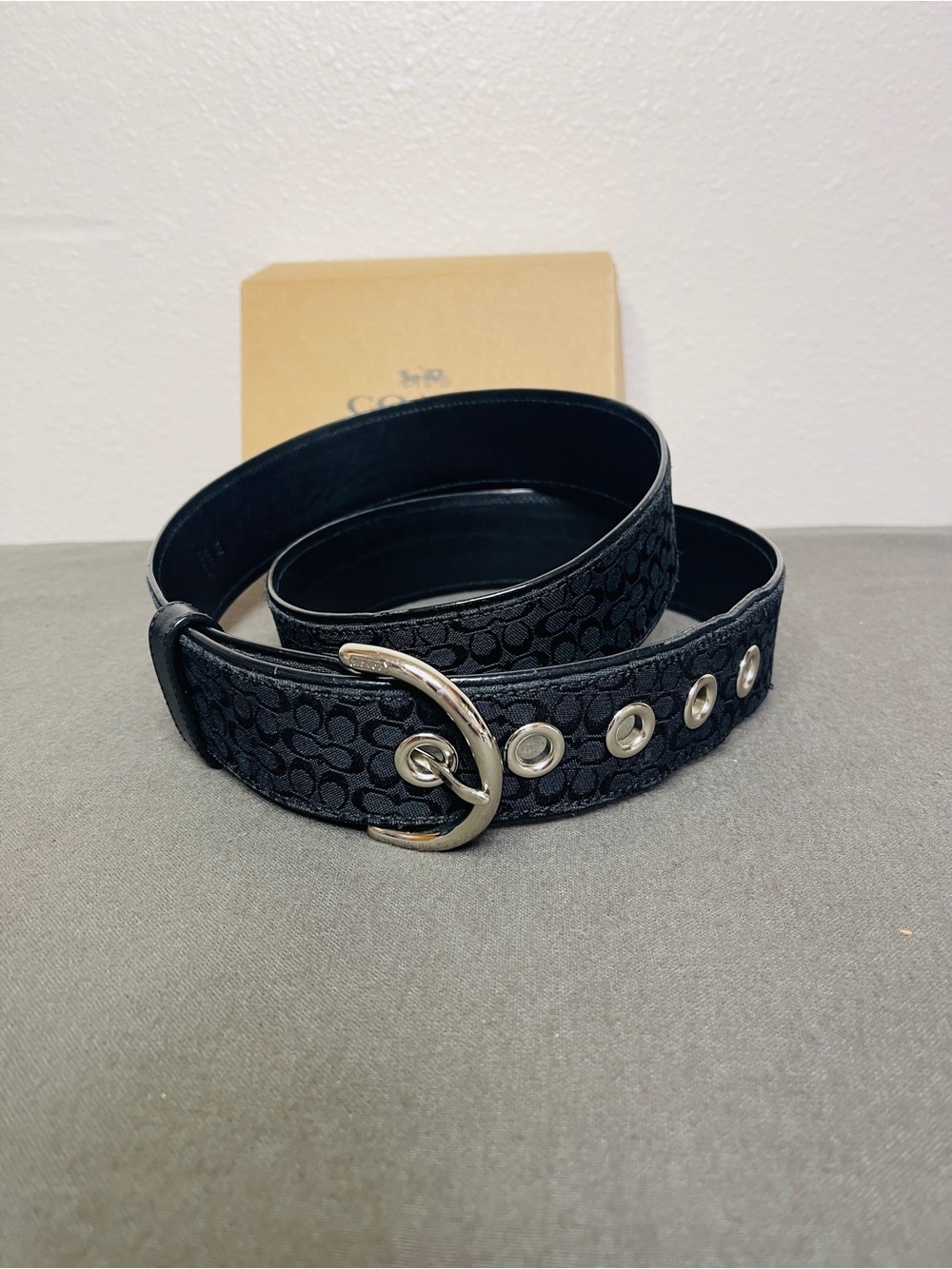 Coach Black Signature Canvas Y2K Grommet Belt with Silver Buckle